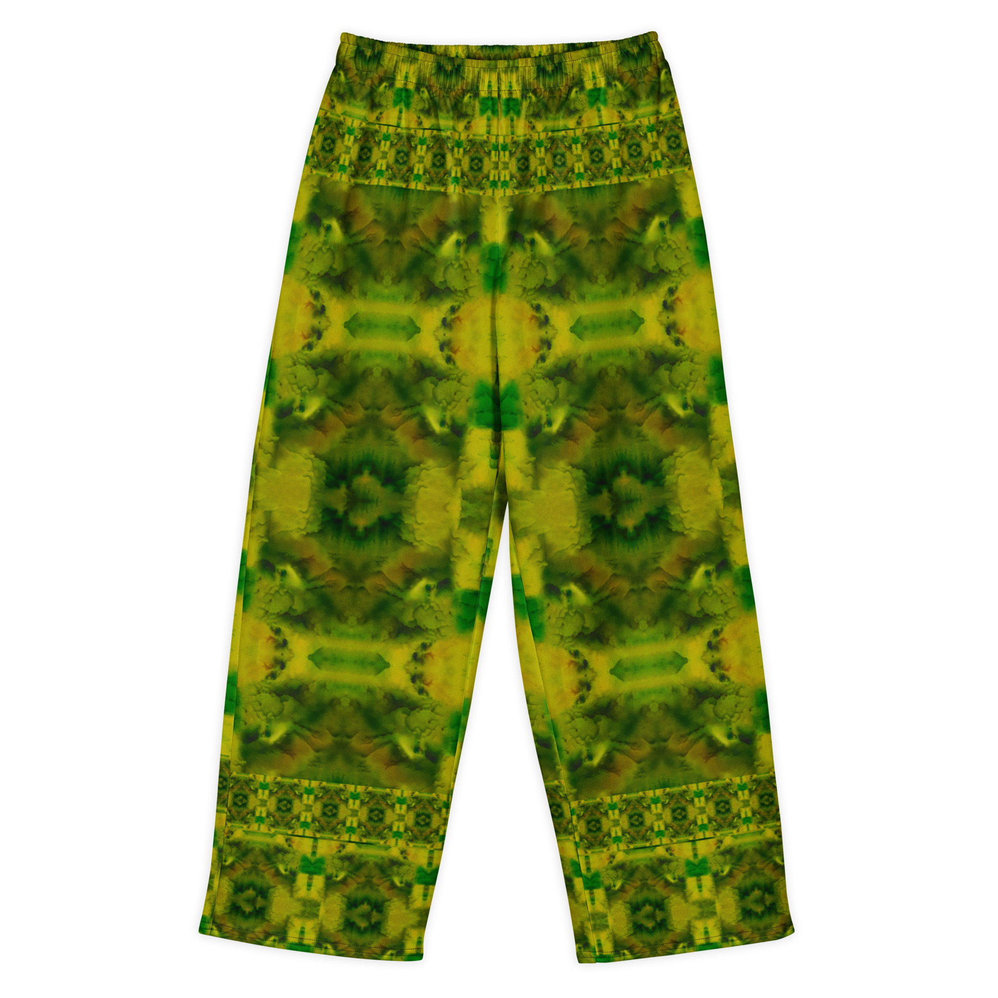 Front view of Purely Jade Light cotton wide leg trousers with elastic waistband and green-and-gold mirrored jade field with broad soft medallions by River Jade Smithy.