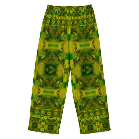 Front view of Purely Jade Light cotton wide leg trousers with elastic waistband and green-and-gold mirrored jade field with broad soft medallions by River Jade Smithy.