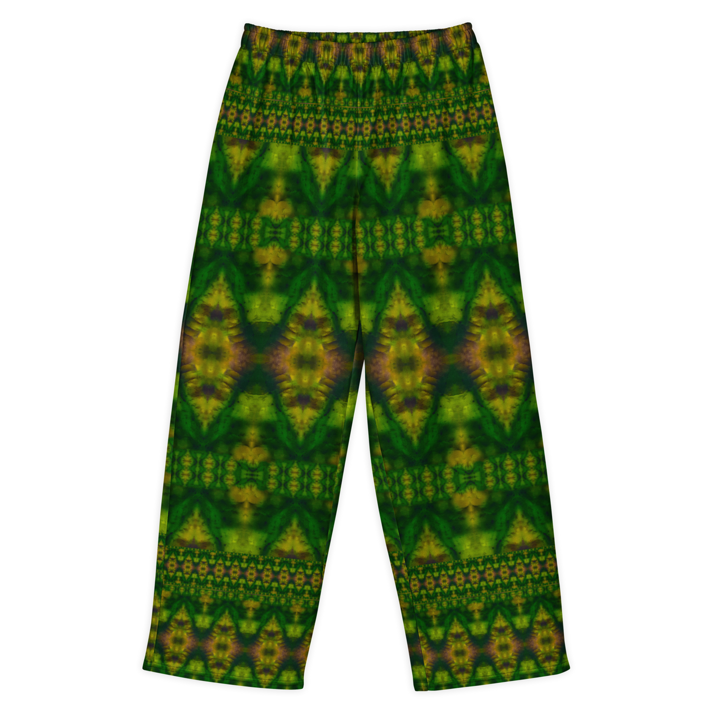 Front view of Purely Jade Light cotton wide leg trousers with elastic waistband and deep jade print with large diamond medallions and small patterned bands by River Jade Smithy.