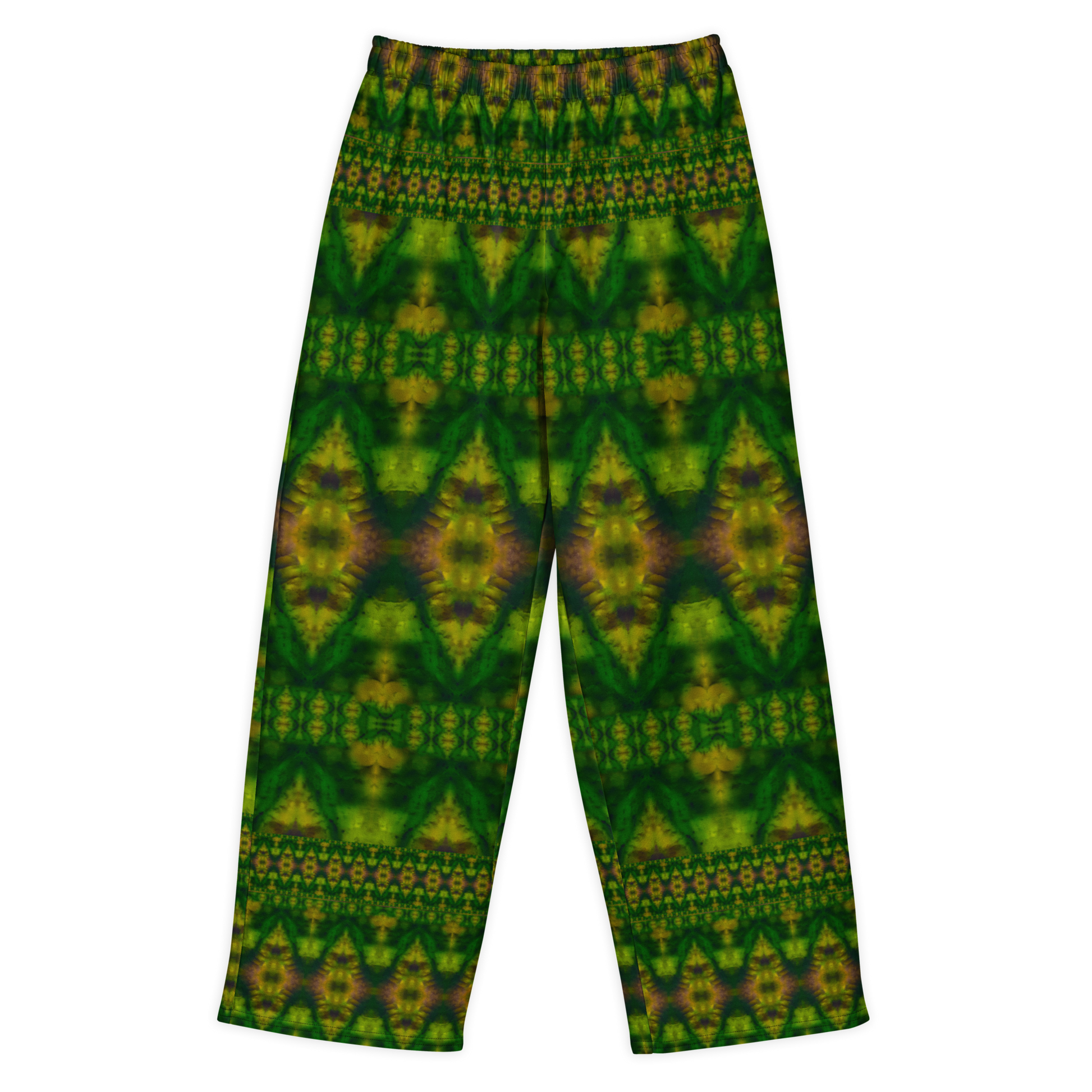 Front view of Purely Jade Light cotton wide leg trousers with elastic waistband and deep jade print with large diamond medallions and small patterned bands by River Jade Smithy.