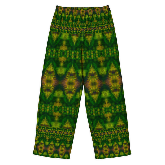 Front view of Purely Jade Light cotton wide leg trousers with elastic waistband and deep jade print with large diamond medallions and small patterned bands by River Jade Smithy.