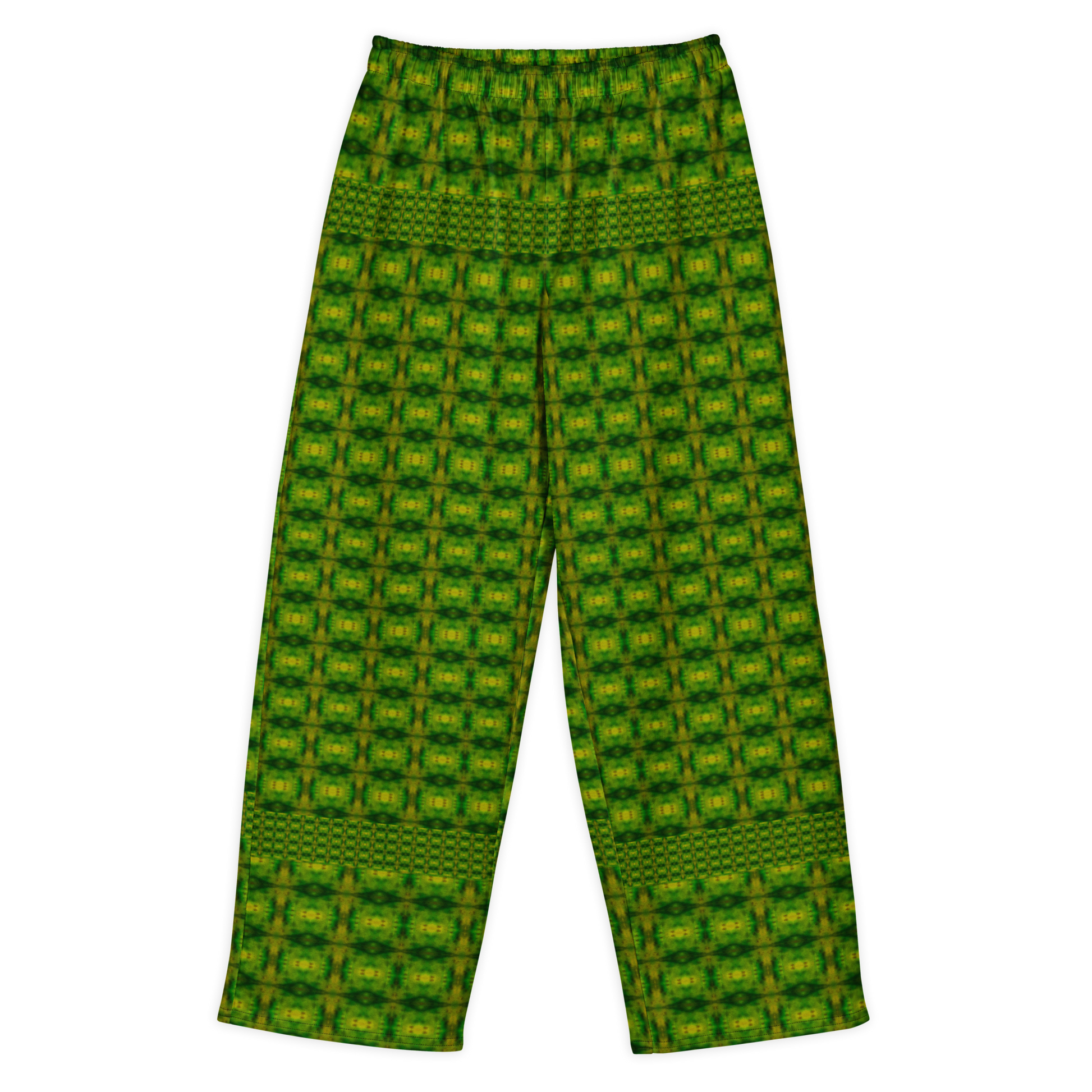 Front view of Purely Jade Light cotton wide leg trousers with elastic waistband and green jade grid print with small gold chamber squares by River Jade Smithy.