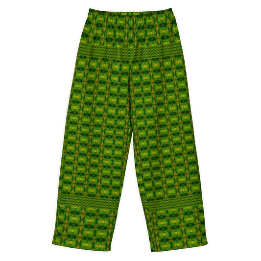 Front view of Purely Jade Light cotton wide leg trousers with elastic waistband and green jade grid print with small gold chamber squares by River Jade Smithy.
