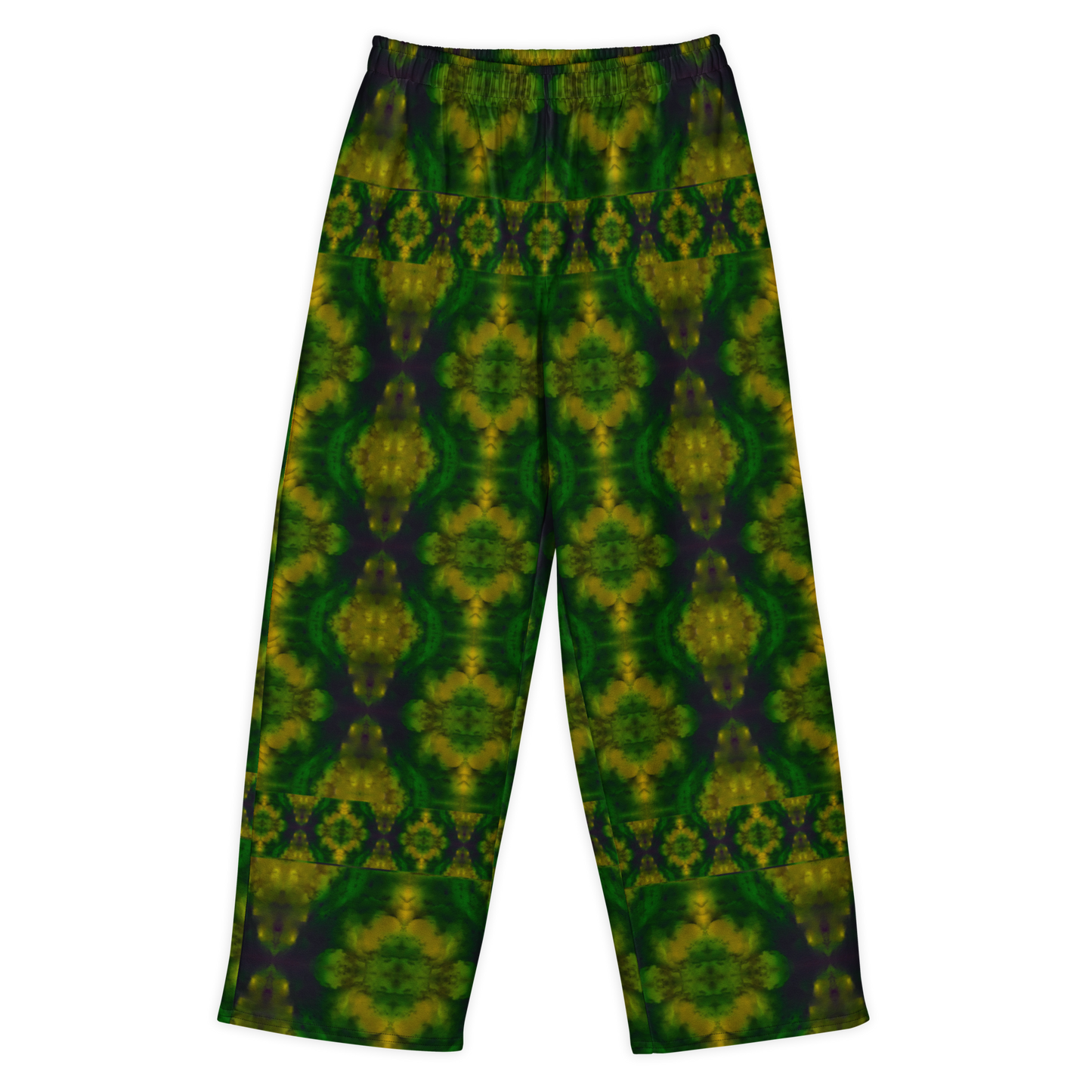 Front view of Purely Jade Light cotton wide leg trousers with elastic waistband and dark green jade print with gold medallions and plum-shadow accents by River Jade Smithy.