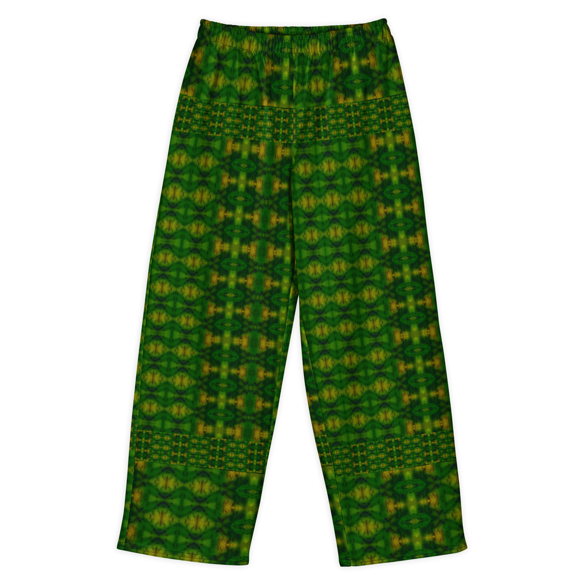 Front view of Purely Jade Light cotton wide leg trousers with elastic waistband and deep green jade field with gold medallions and narrow patterned bands by River Jade Smithy.