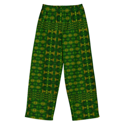 Front view of Purely Jade Light cotton wide leg trousers with elastic waistband and deep green jade field with gold medallions and narrow patterned bands by River Jade Smithy.