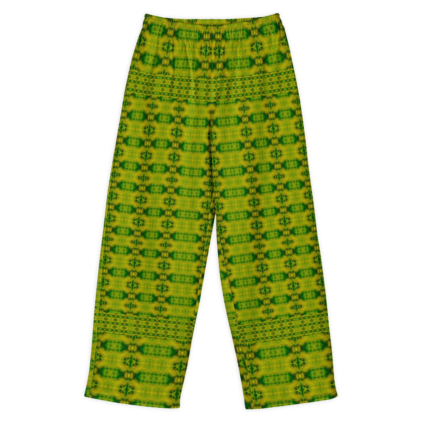 Front view of Purely Jade Light cotton wide leg trousers with elastic waistband and yellow-green jade print with small vertical medallion rows by River Jade Smithy.