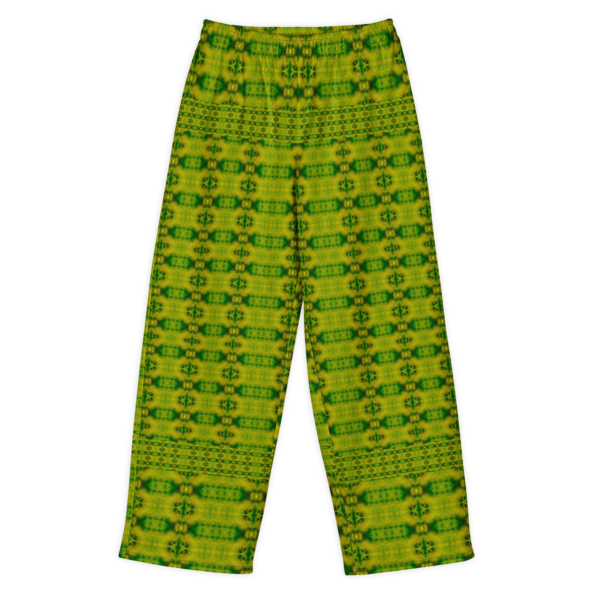 Front view of Purely Jade Light cotton wide leg trousers with elastic waistband and yellow-green jade print with small vertical medallion rows by River Jade Smithy.