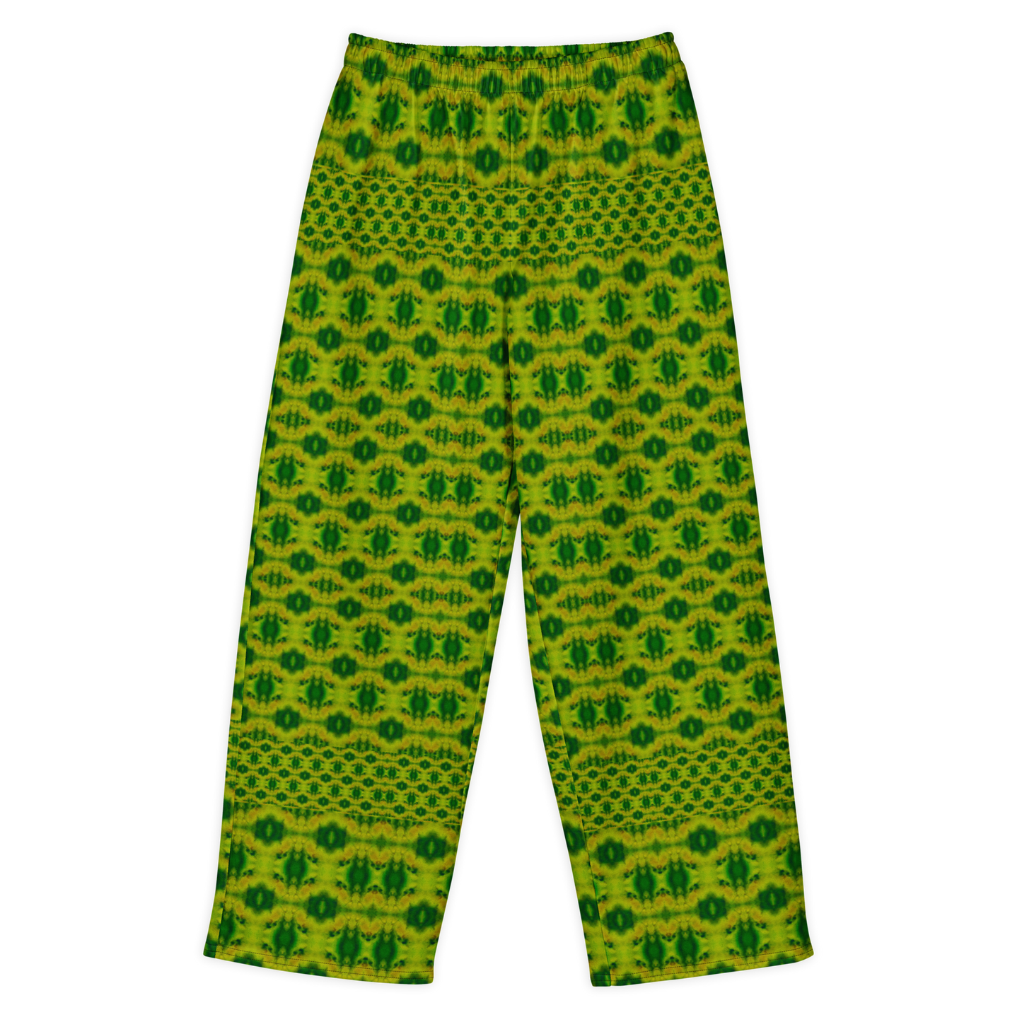 Front view of Purely Jade Light cotton wide leg trousers with elastic waistband and yellow-green jade print with repeating dark green small medallions by River Jade Smithy.