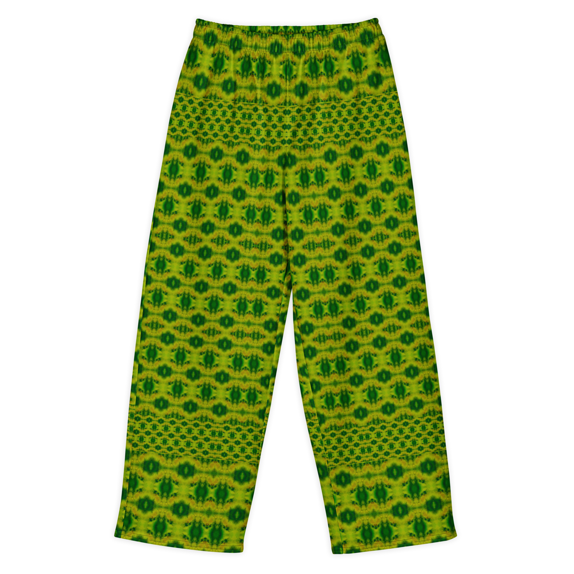 Front view of Purely Jade Light cotton wide leg trousers with elastic waistband and yellow-green jade print with repeating dark green small medallions by River Jade Smithy.