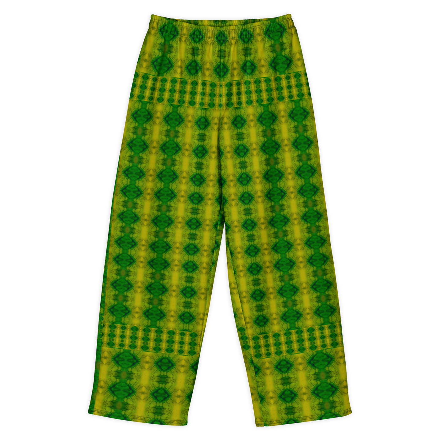Front view of Purely Jade Light cotton wide leg trousers with elastic waistband and yellow-green jade print with vertical green diamond medallions by River Jade Smithy.