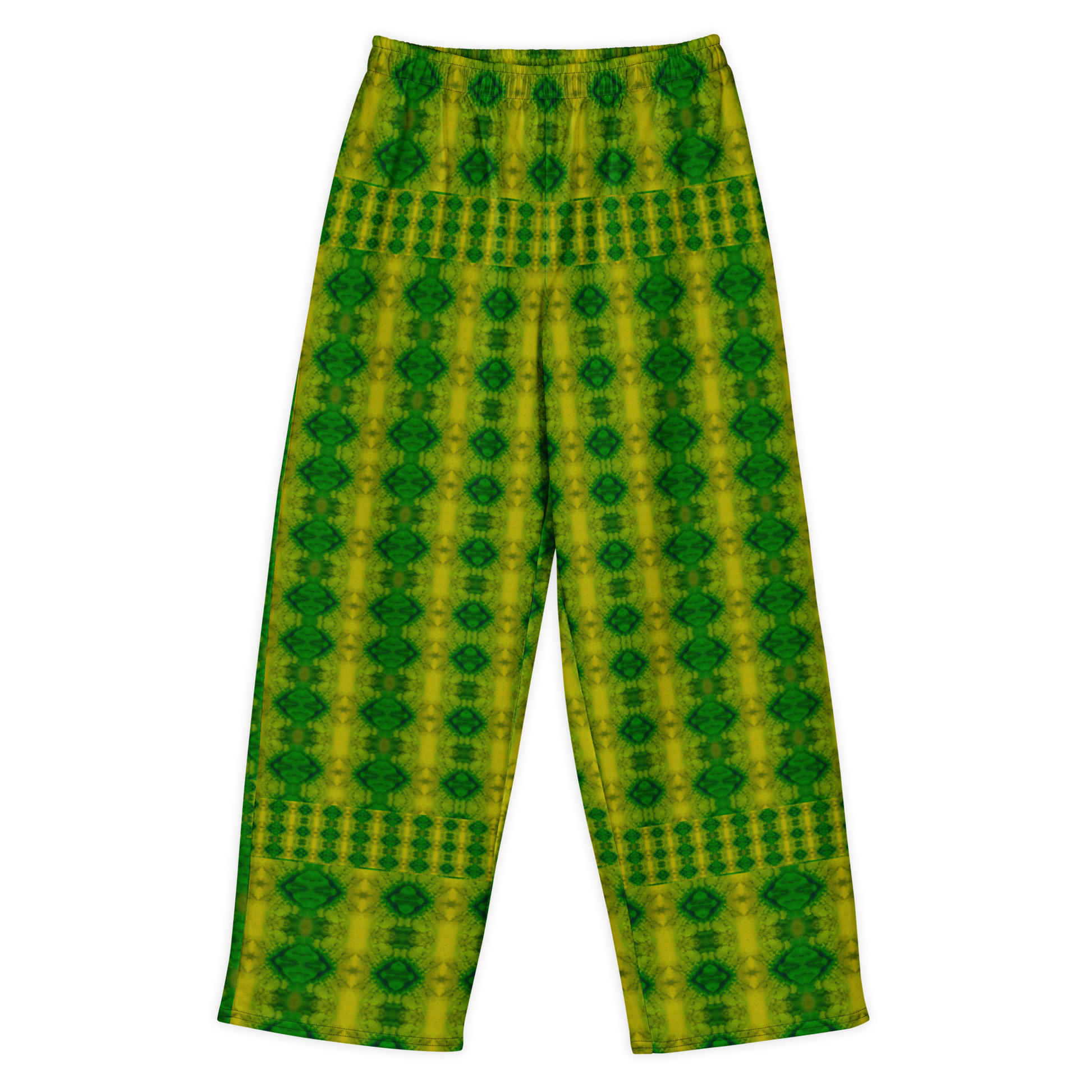Front view of Purely Jade Light cotton wide leg trousers with elastic waistband and yellow-green jade print with vertical green diamond medallions by River Jade Smithy.