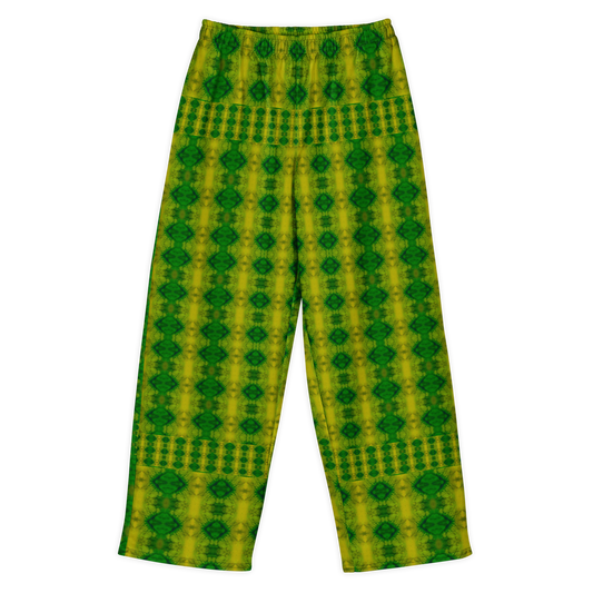 Front view of Purely Jade Light cotton wide leg trousers with elastic waistband and yellow-green jade print with vertical green diamond medallions by River Jade Smithy.
