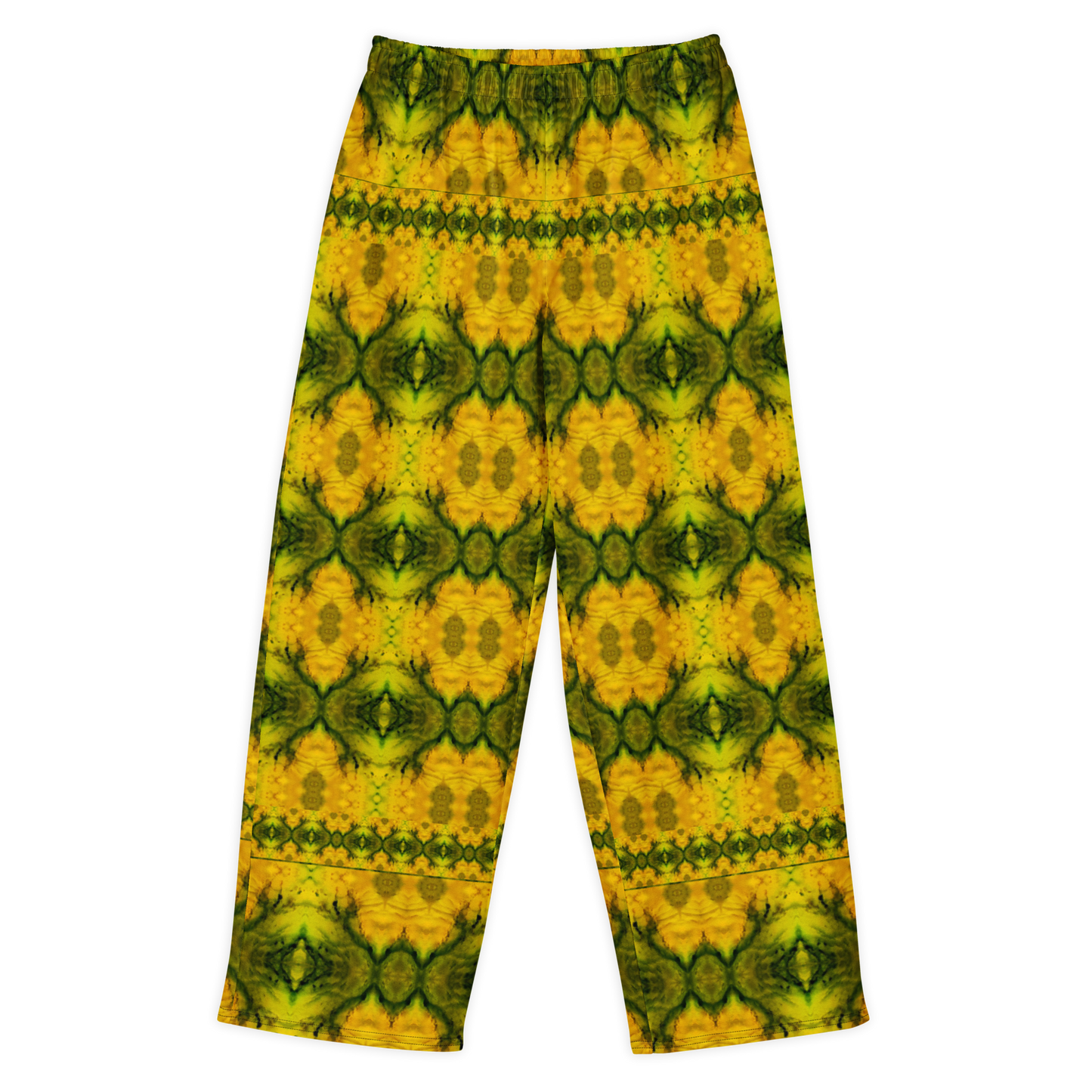 Front view of Purely Jade Light cotton wide leg trousers with elastic waistband and gold-and-green mirrored jade print with large faceted medallions by River Jade Smithy.