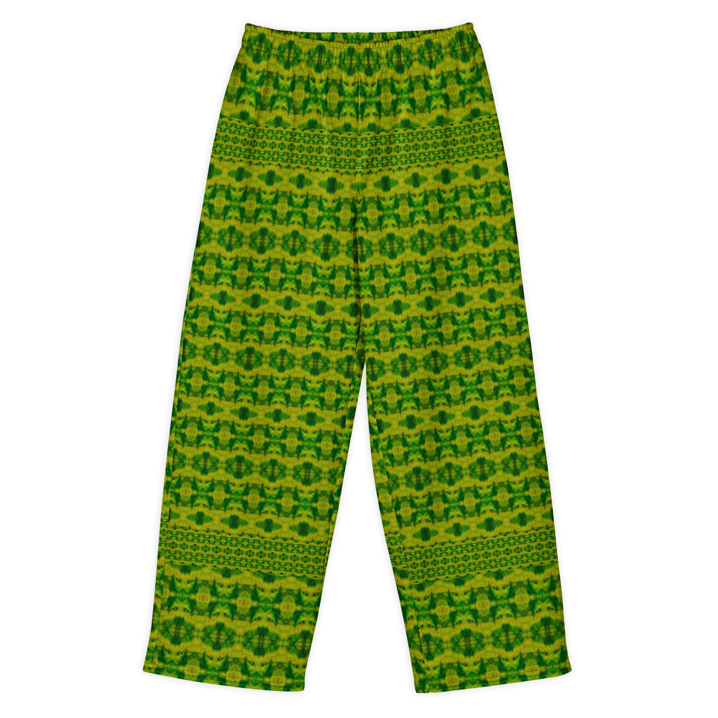 Front view of Purely Jade Light cotton wide leg trousers with elastic waistband and green-and-gold fine lattice jade print with narrow bands by River Jade Smithy.