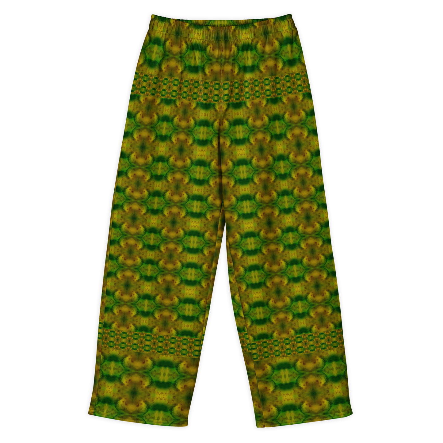 Front view of Purely Jade Light cotton wide leg trousers with elastic waistband and green-and-gold chambered jade medallion print with dotted horizontal bands by River Jade Smithy.