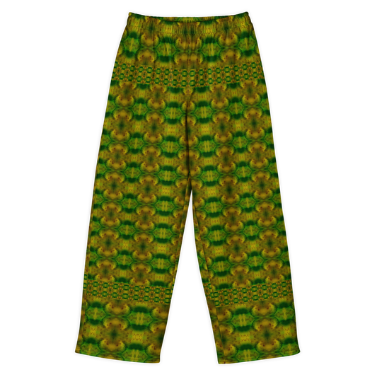 Front view of Purely Jade Light cotton wide leg trousers with elastic waistband and green-and-gold chambered jade medallion print with dotted horizontal bands by River Jade Smithy.