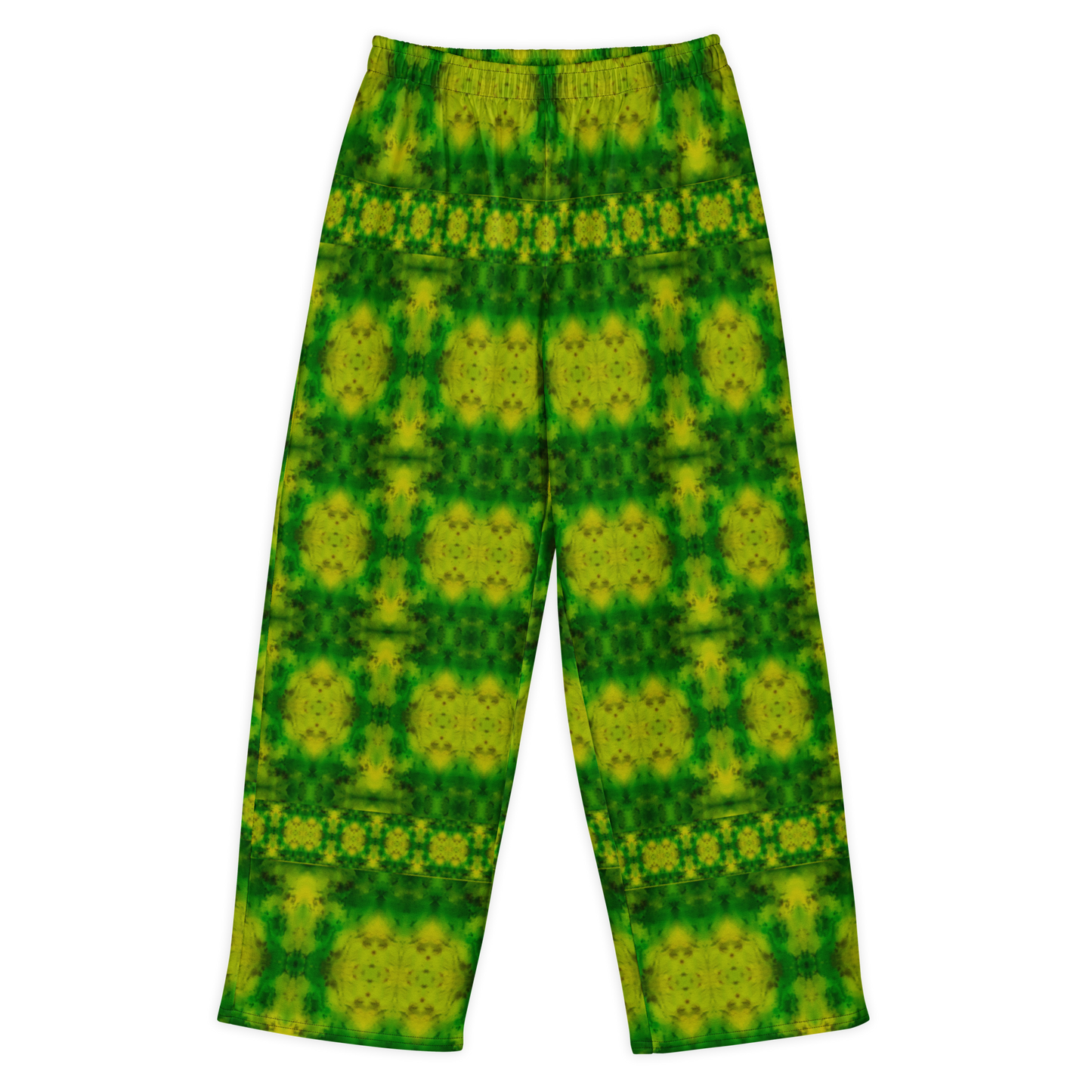 Front view of Purely Jade Light cotton wide leg trousers with elastic waistband and bright yellow-green chambered jade print with soft oval medallions by River Jade Smithy.