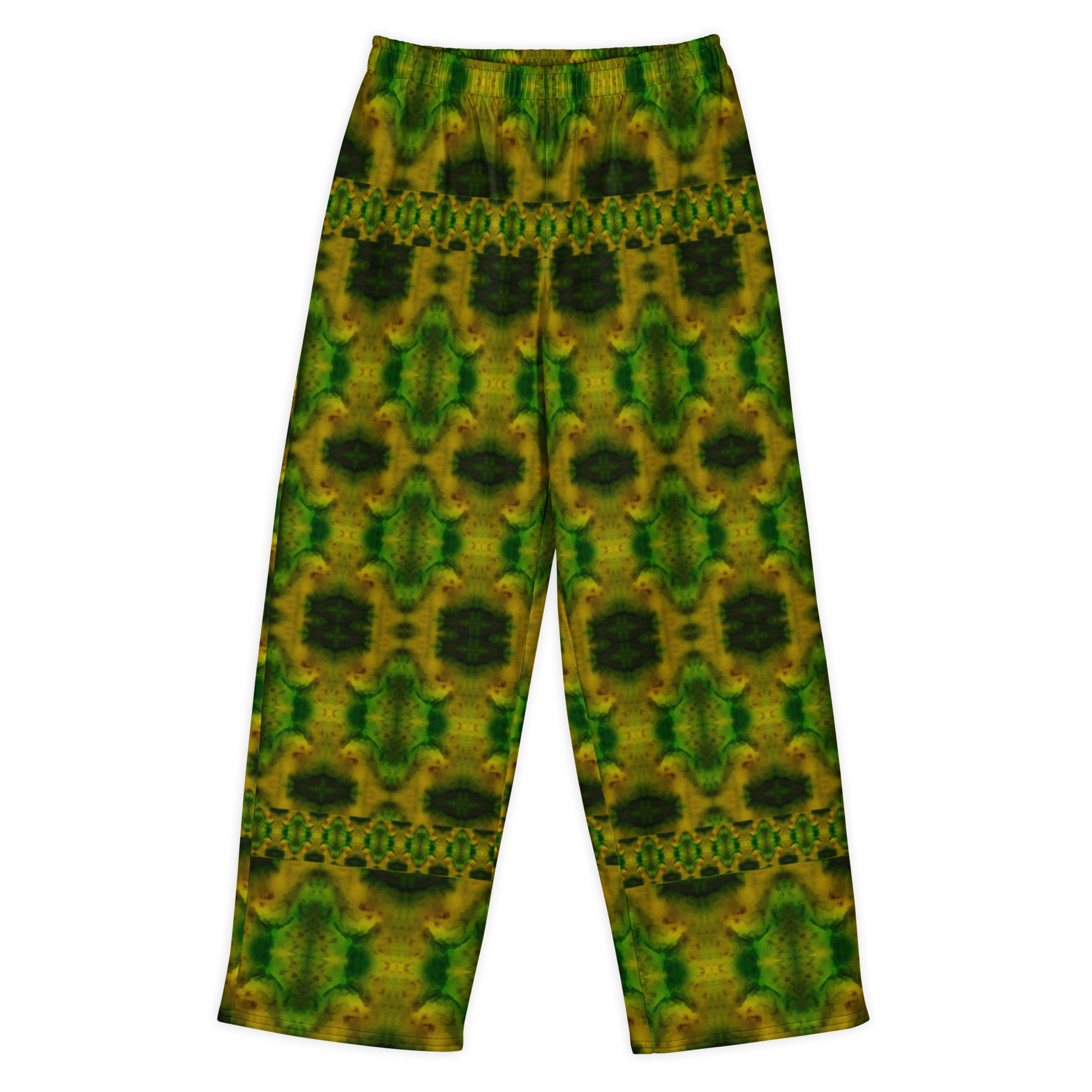 Front view of Purely Jade Light cotton wide leg trousers with elastic waistband and deep green-and-gold jade print with dark oval medallions and horizontal border bands by River Jade Smithy.