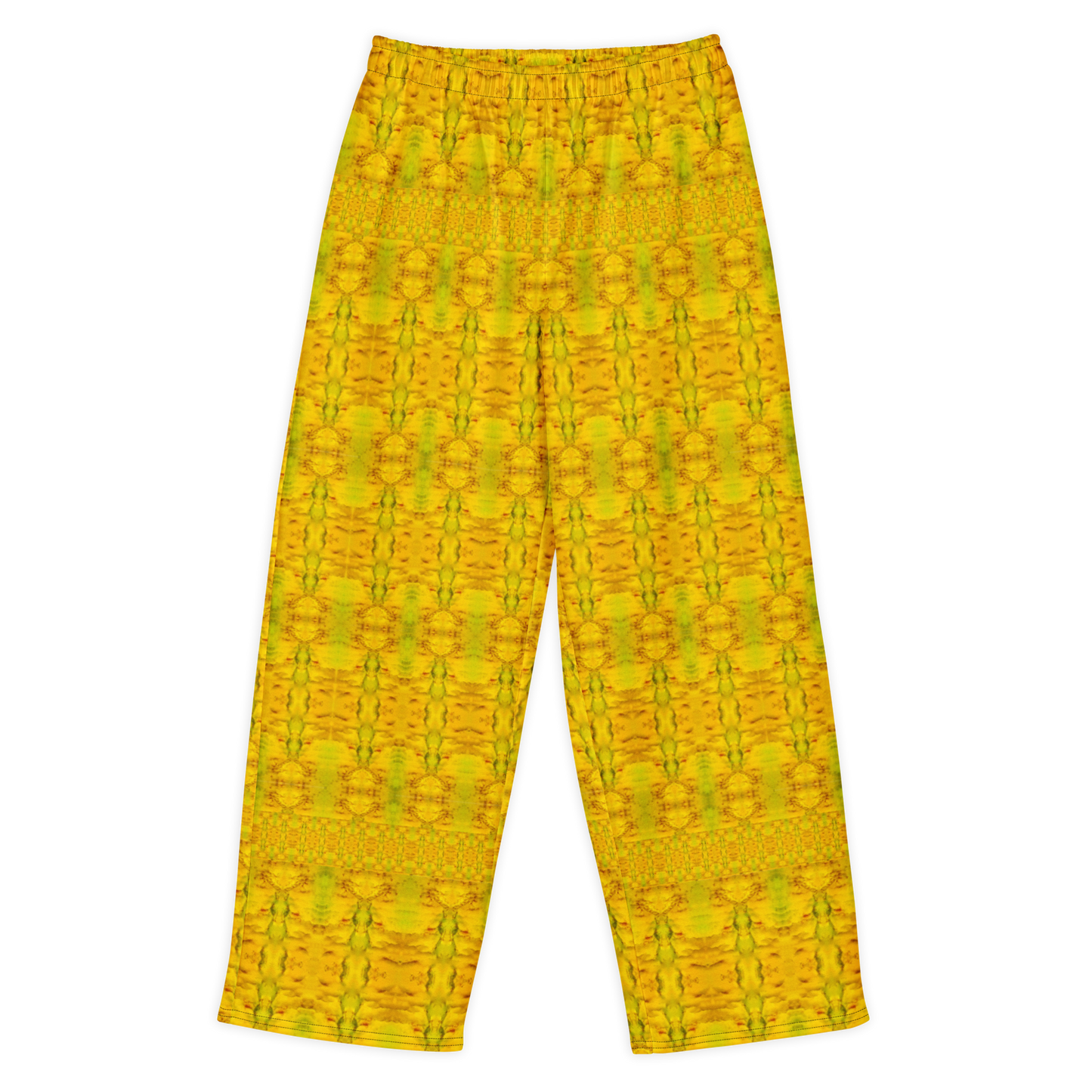 Front view of Purely Jade Light cotton wide leg trousers with elastic waistband and gold-forward jade-light print with subtle green vertical mineral lattice by River Jade Smithy.