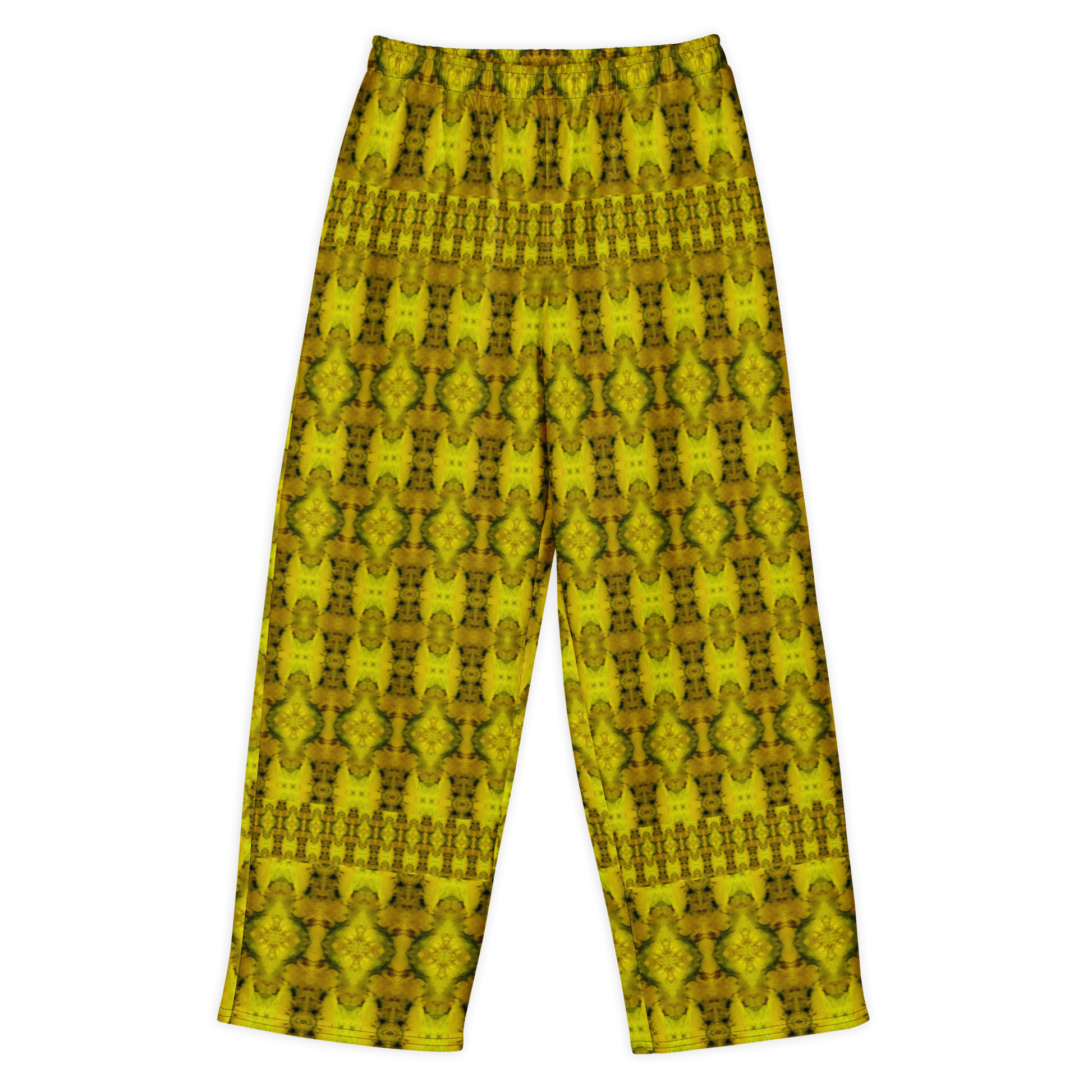Front view of Purely Jade Light cotton wide leg trousers with elastic waistband and yellow-gold jade print with dense mirrored medallion columns by River Jade Smithy.