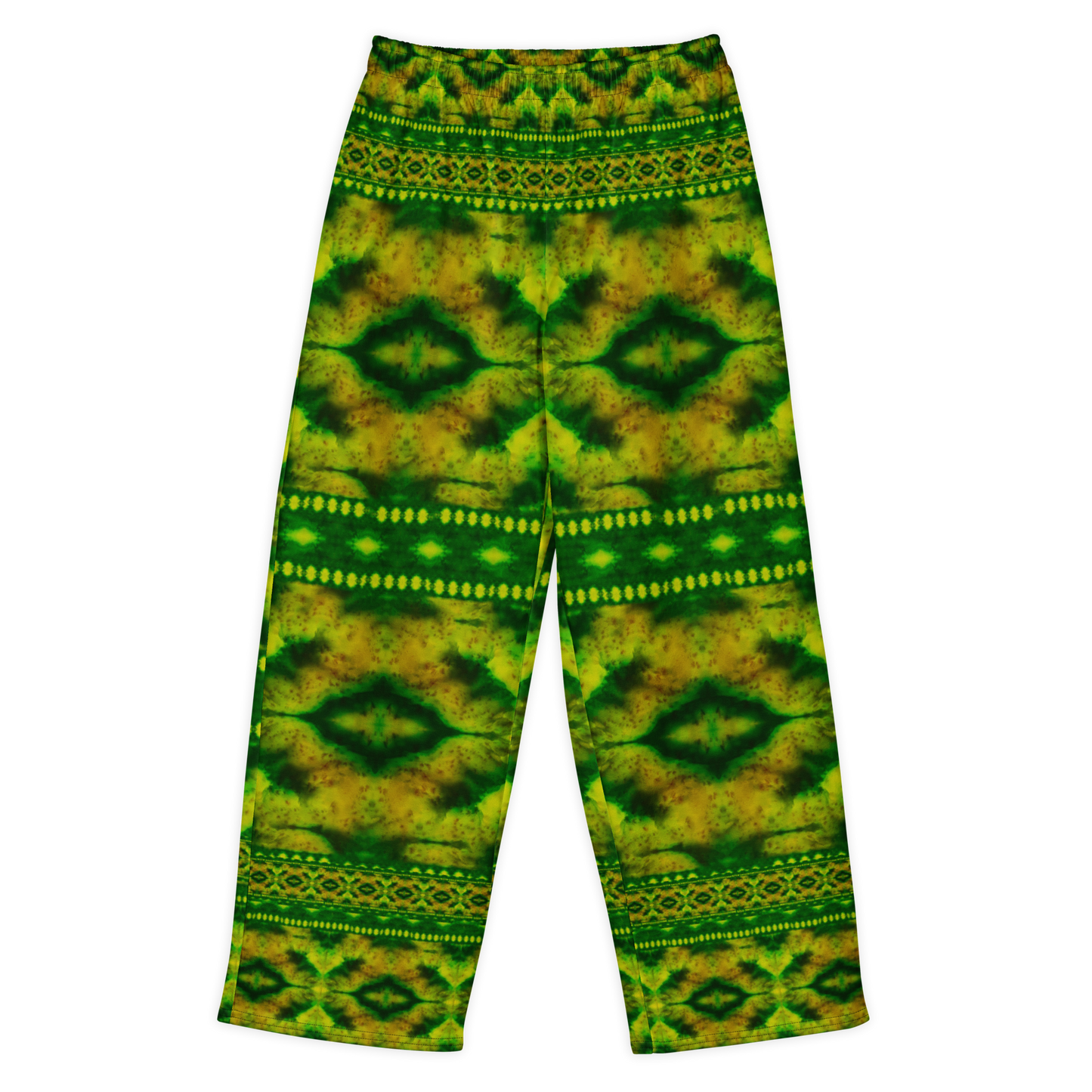 Front view of Purely Jade Light cotton wide leg trousers with elastic waistband and deep jade-green print with dark diamond medallions and dotted bands by River Jade Smithy.