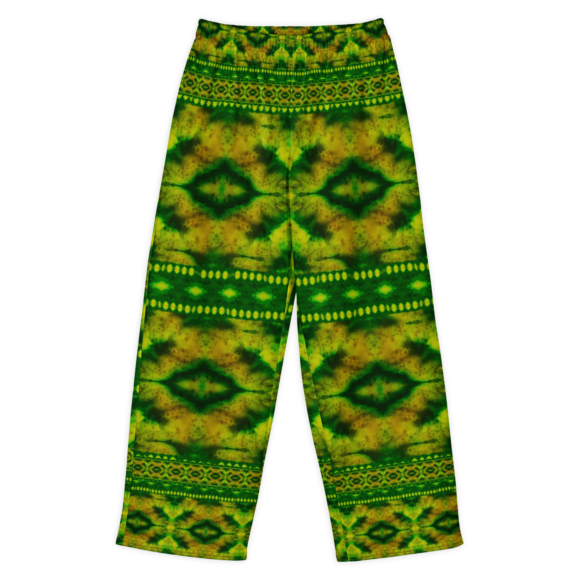 Front view of Purely Jade Light cotton wide leg trousers with elastic waistband and deep jade-green print with dark diamond medallions and dotted bands by River Jade Smithy.