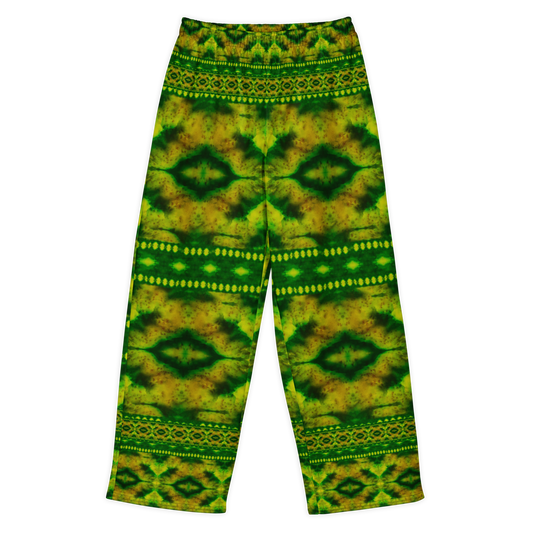 Front view of Purely Jade Light cotton wide leg trousers with elastic waistband and deep jade-green print with dark diamond medallions and dotted bands by River Jade Smithy.