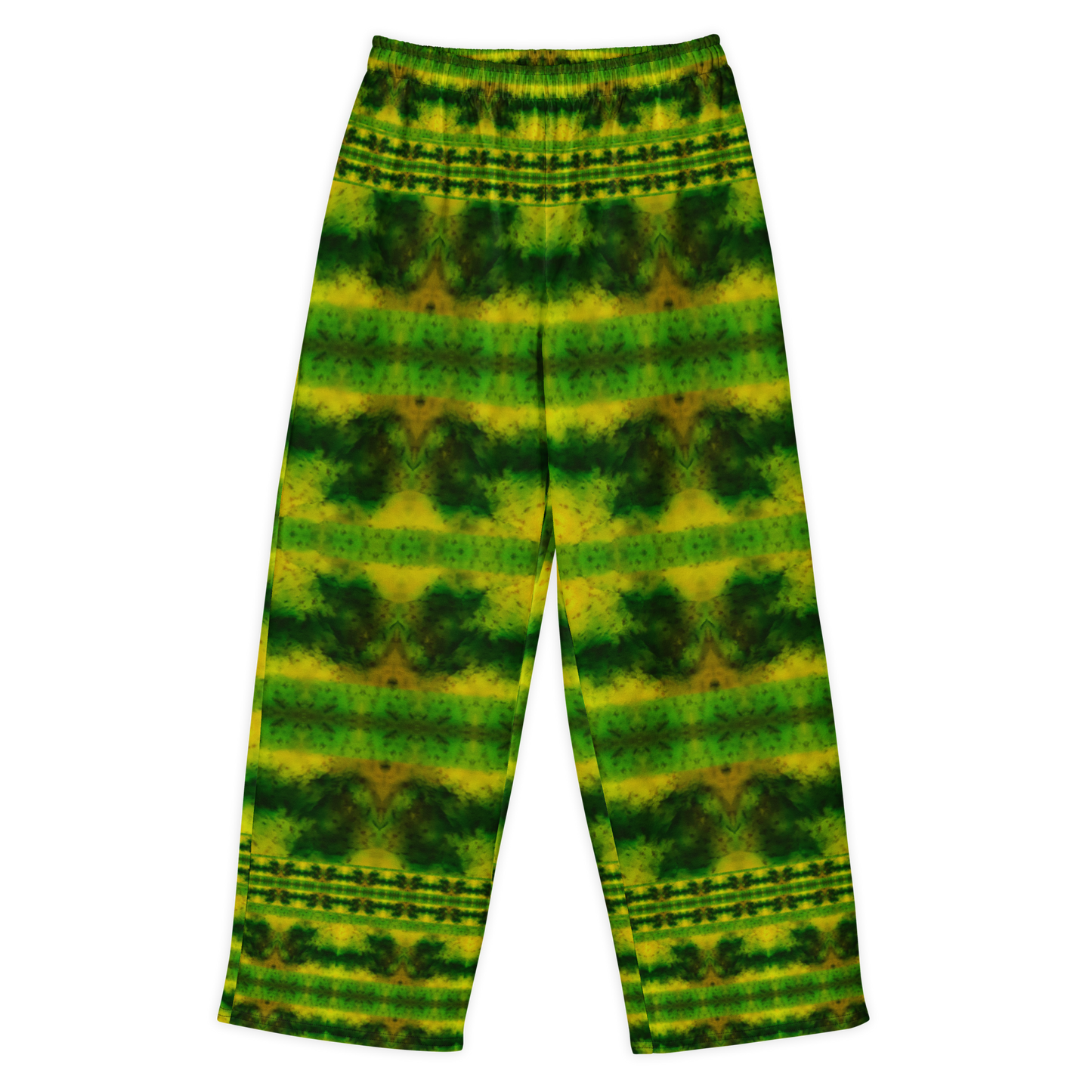 Front view of Purely Jade Light cotton wide leg trousers with elastic waistband and green-and-gold mossy horizontal jade bands by River Jade Smithy.