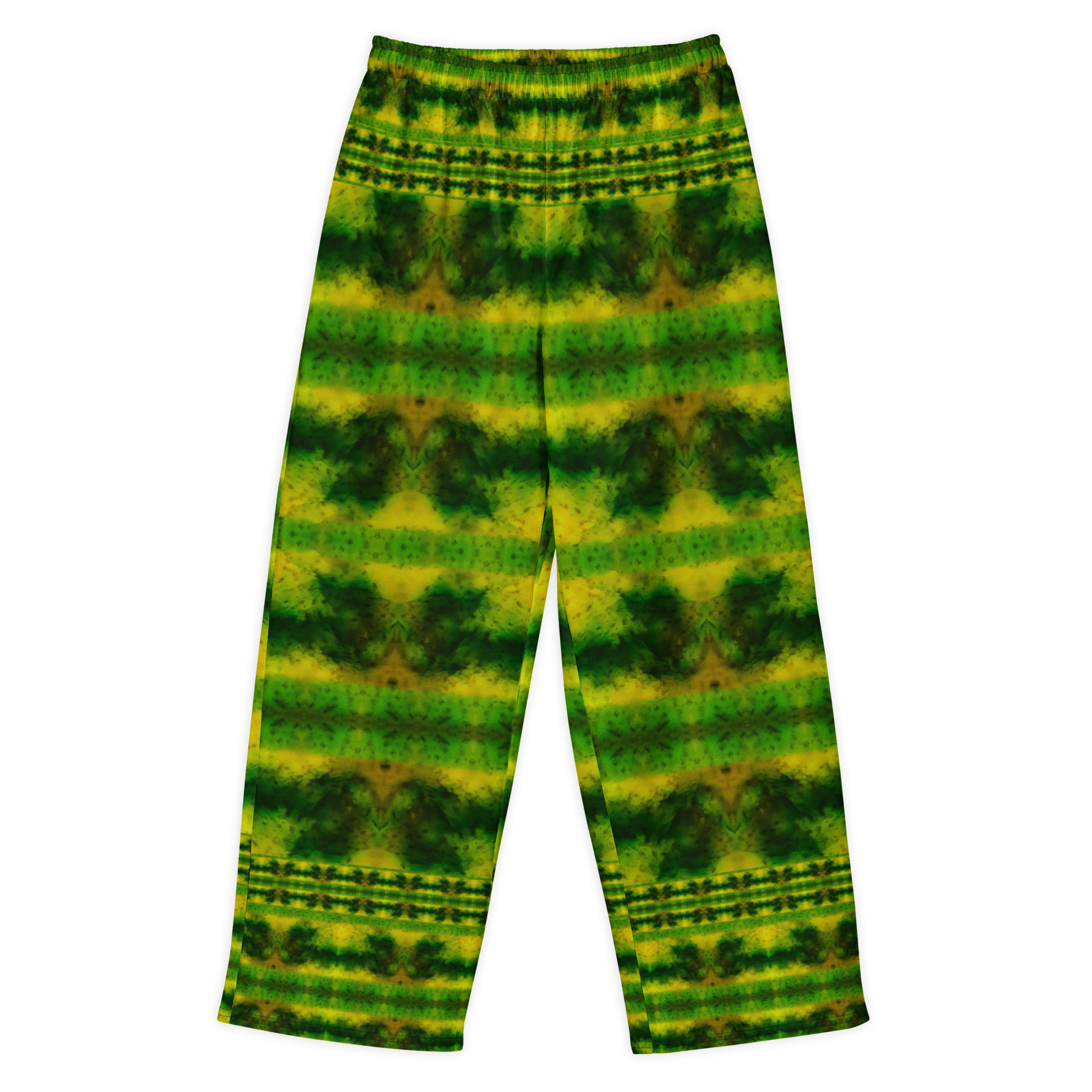 Front view of Purely Jade Light cotton wide leg trousers with elastic waistband and green-and-gold mossy horizontal jade bands by River Jade Smithy.