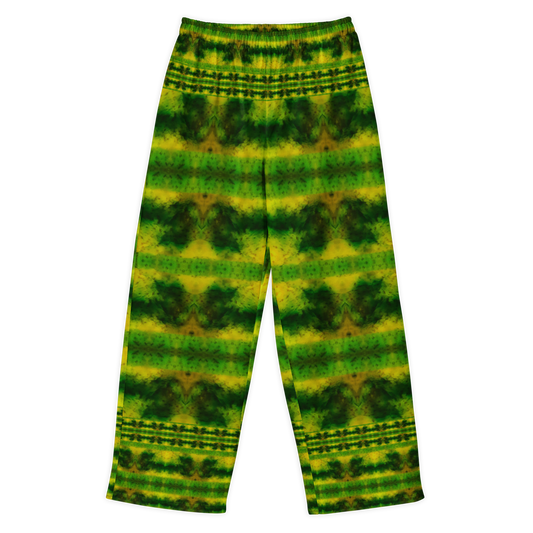 Front view of Purely Jade Light cotton wide leg trousers with elastic waistband and green-and-gold mossy horizontal jade bands by River Jade Smithy.