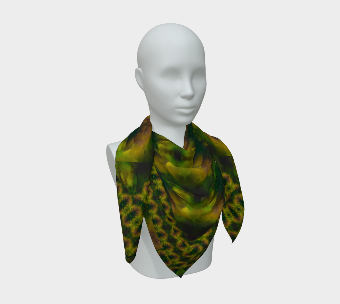 Deep green, yellow-gold, and muted violet Purely Jade Light silk art scarf draped on a mannequin, showing a denser inward floral-medallion field by RJSTH.