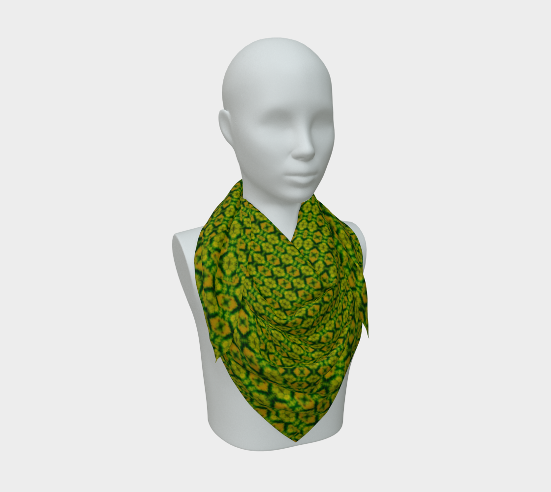 Bright yellow-green and green Purely Jade Light silk art scarf draped on a mannequin, showing a fine-grid lattice field by RJSTH.