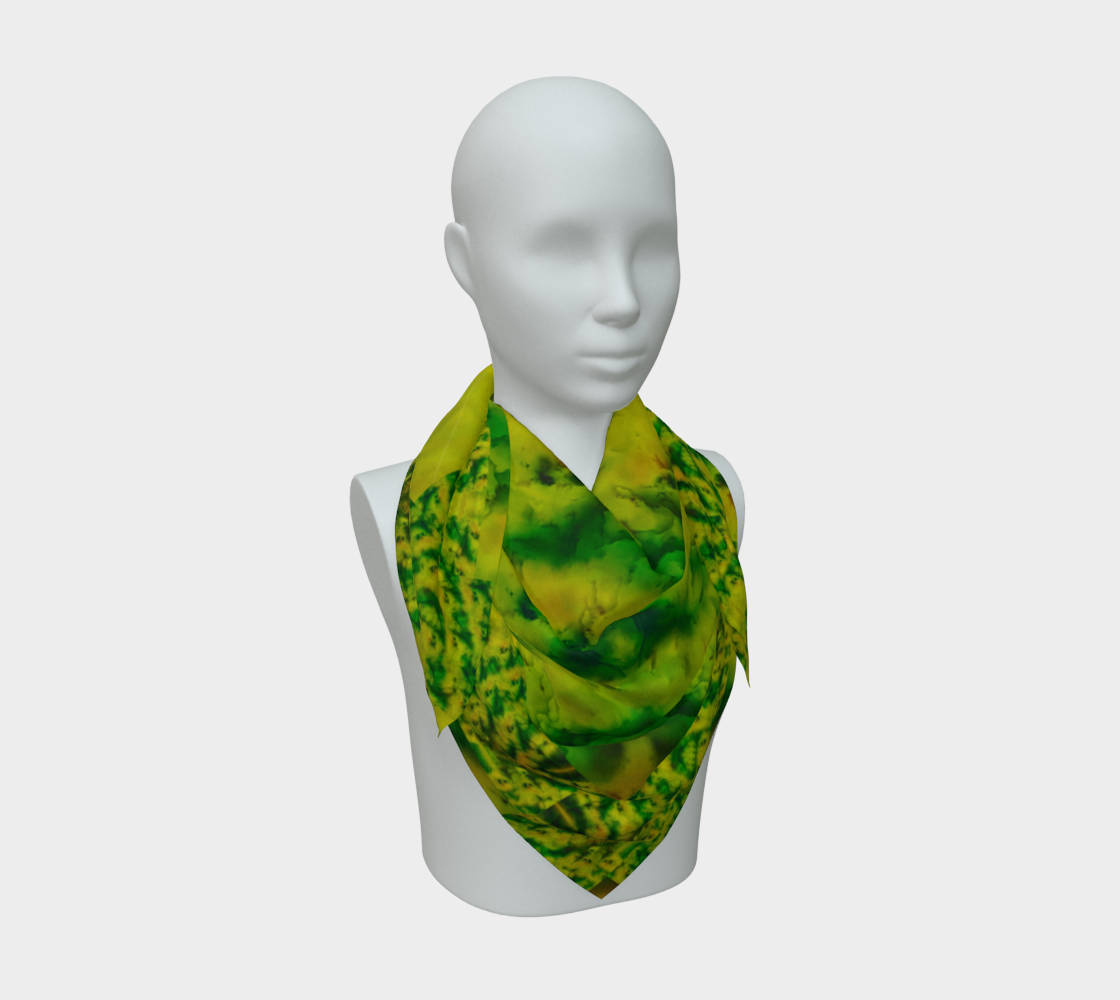 Yellow jade and green Purely Jade Light silk art scarf draped on a mannequin, showing a soft central mineral field by RJSTH.