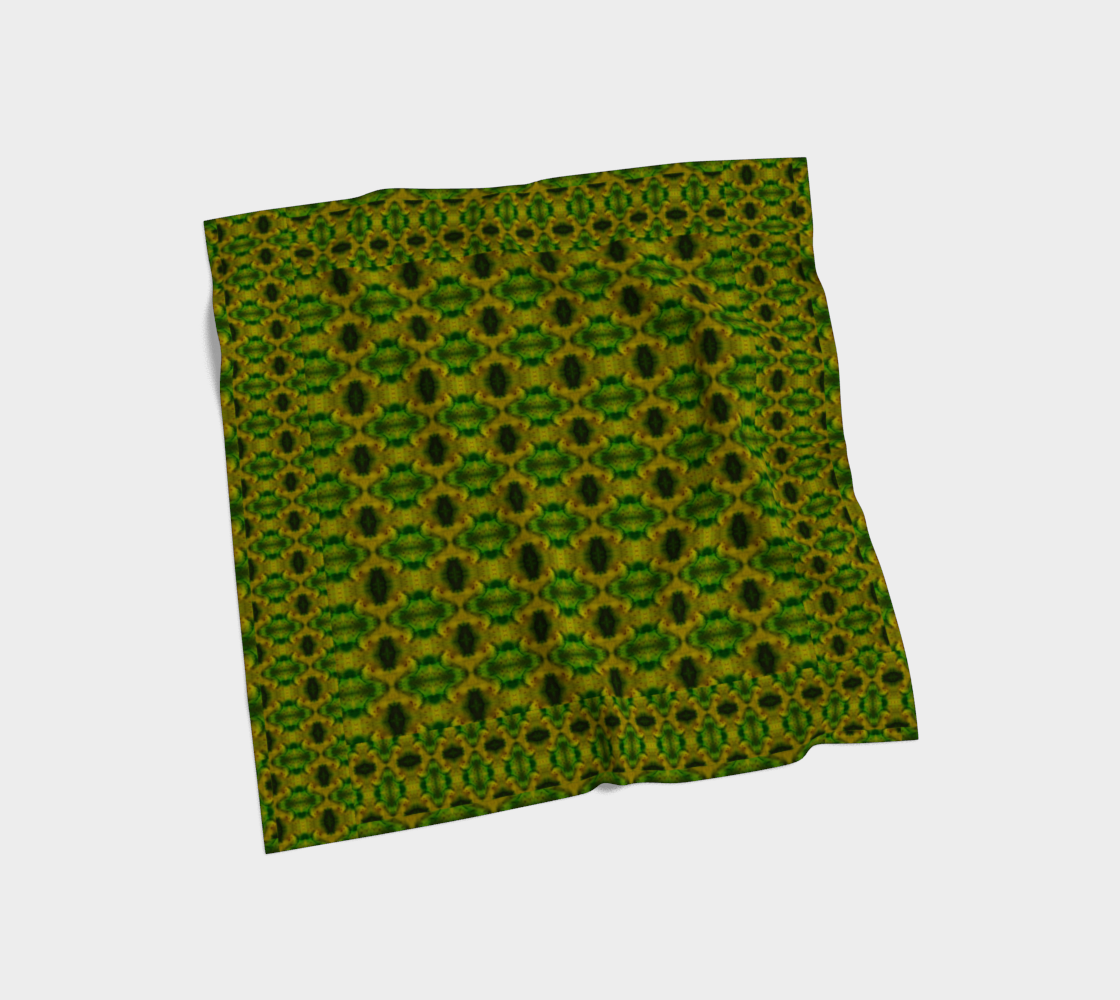 Yellow-gold and deep green Purely Jade Light silk art scarf laid flat, showing a framed oval-lattice repeat field by RJSTH.