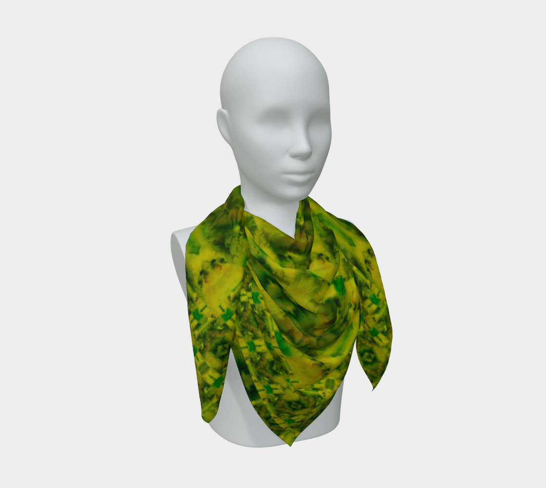 Yellow-gold and green Purely Jade Light silk art scarf draped on a mannequin, showing a layered central mineral field by RJSTH.
