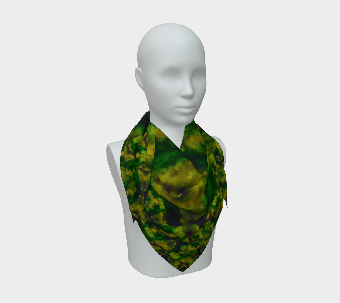 Yellow-green and deep green Purely Jade Light silk art scarf draped on a mannequin, showing a soft central mineral field by RJSTH.