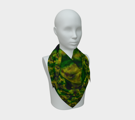 Yellow-green and deep green Purely Jade Light silk art scarf draped on a mannequin, showing a soft central mineral field by RJSTH.