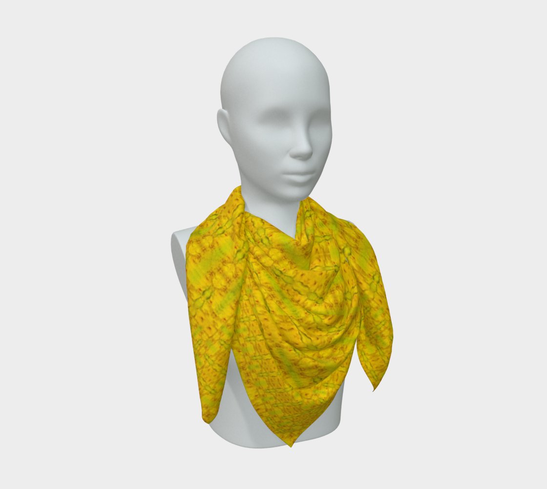 Yellow-gold and green Purely Jade Light silk art scarf draped on a mannequin, showing a bright mineral-lattice field by RJSTH.