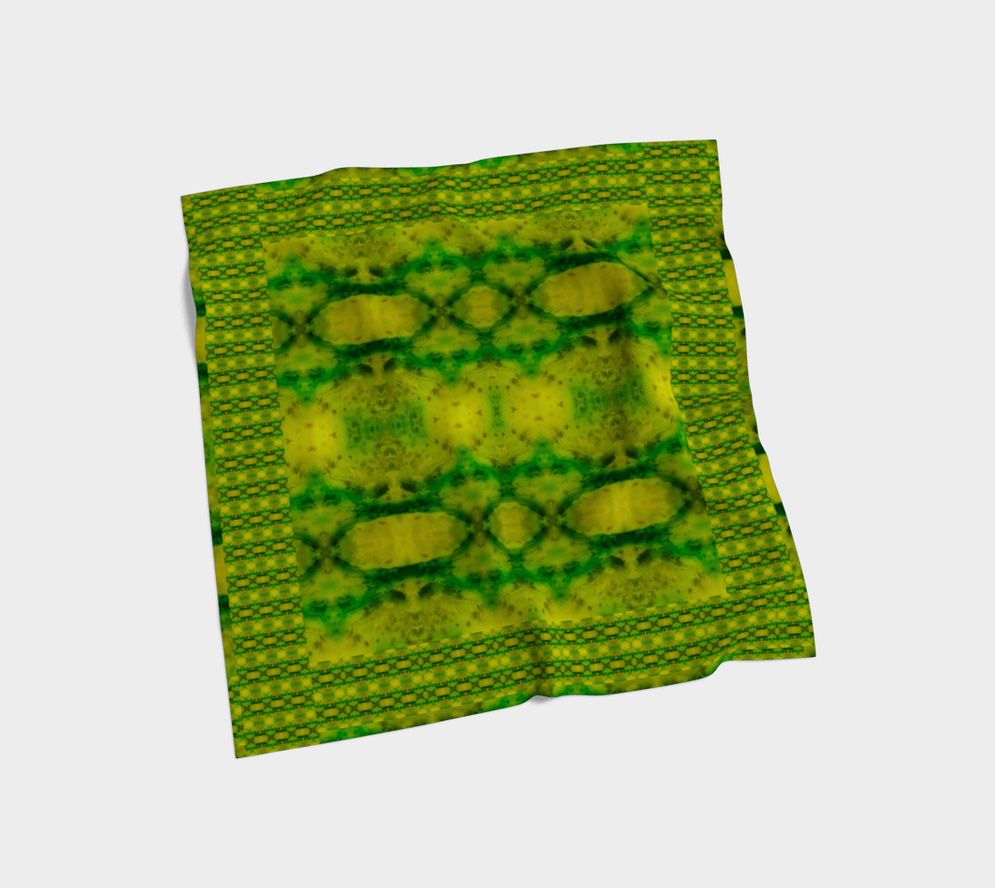 Yellow-green and deep green Purely Jade Light silk art scarf laid flat, showing a framed central panel with patterned border by RJSTH.