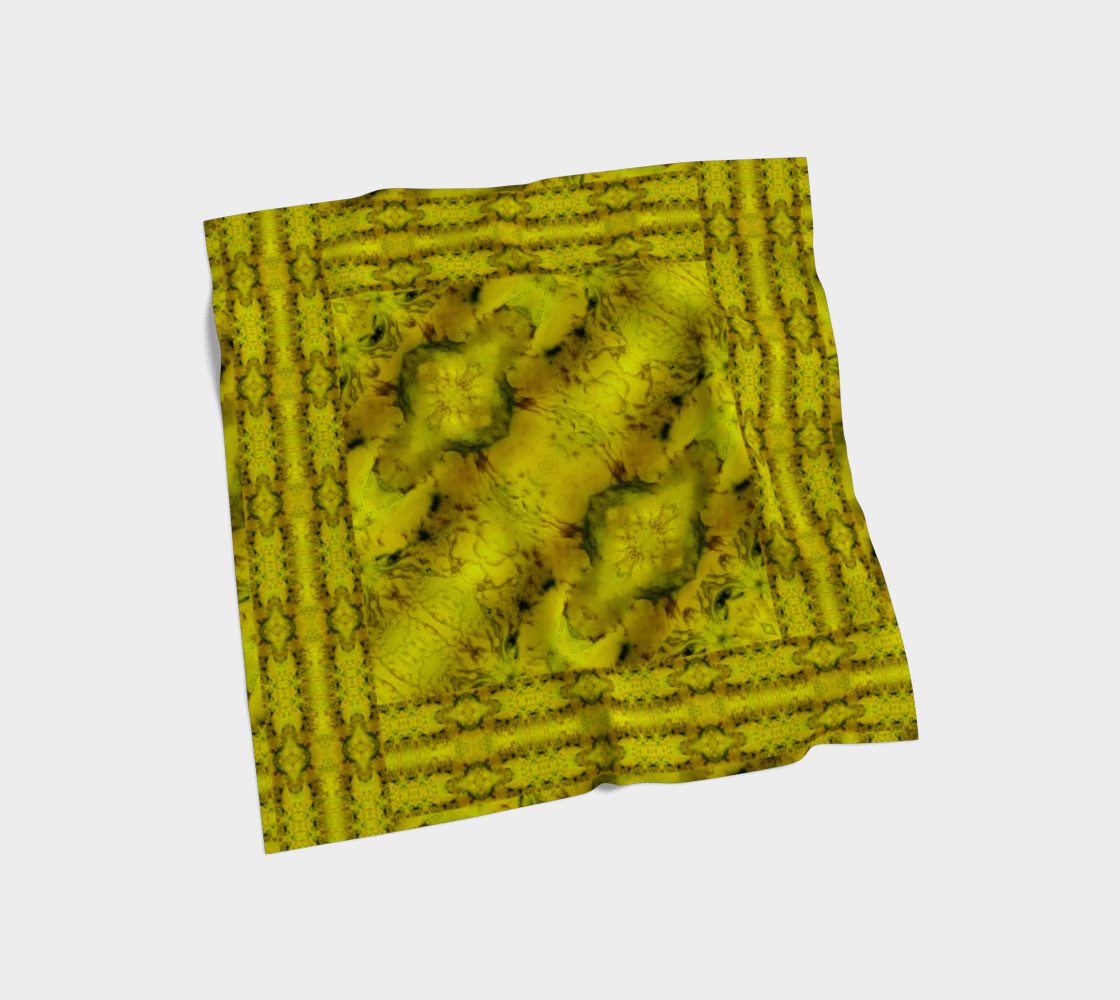 Bright yellow jade and olive-green Purely Jade Light silk art scarf laid flat, showing a framed central medallion field with striped border by RJSTH.
