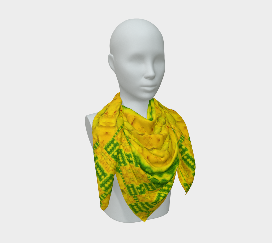 Bright yellow jade and green Purely Jade Light silk art scarf draped on a mannequin, showing a denser diagonal banded field by RJSTH.