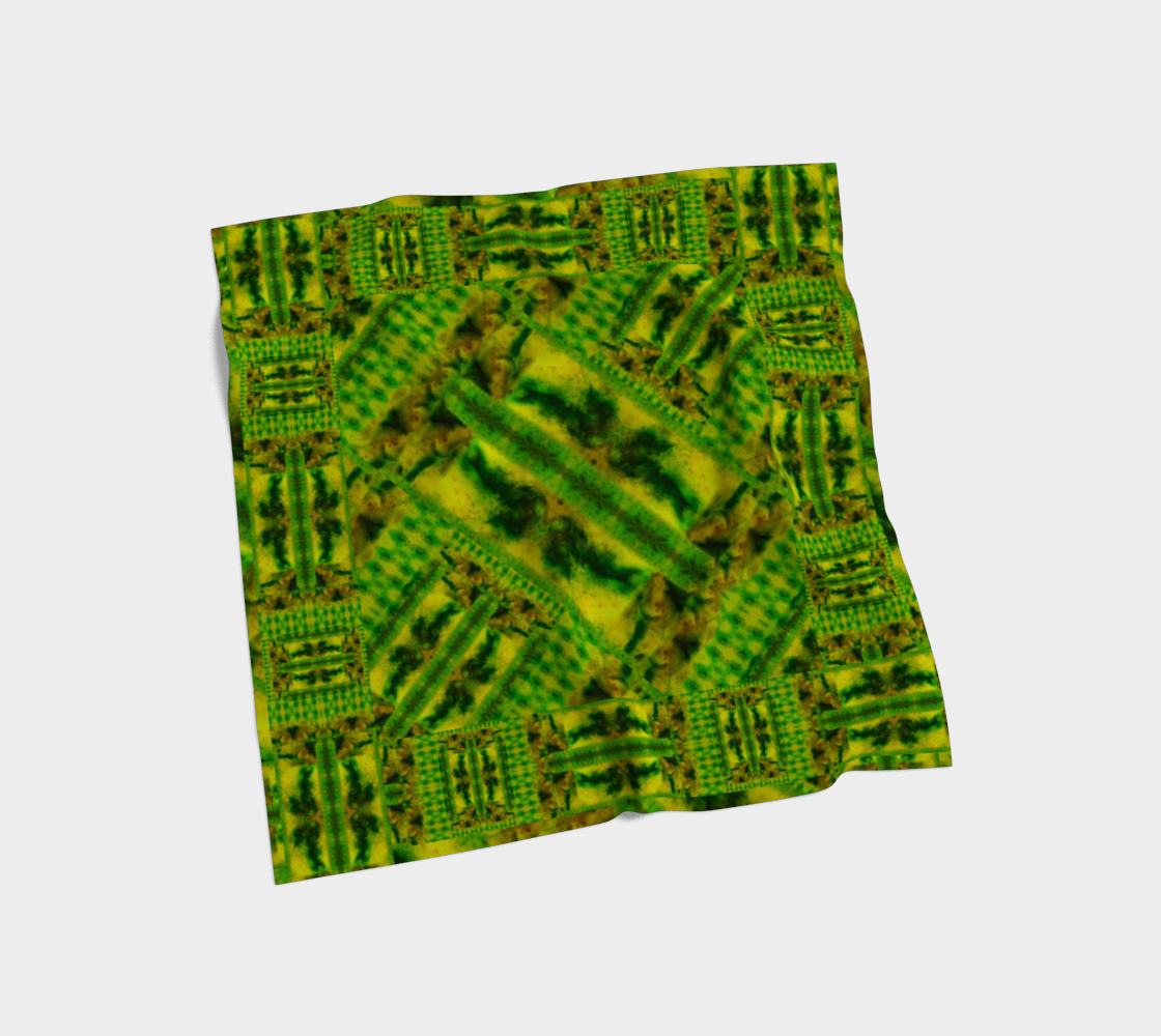 Yellow jade and vivid green Purely Jade Light silk art scarf laid flat, showing a framed diagonal stripe-panel field by RJSTH.