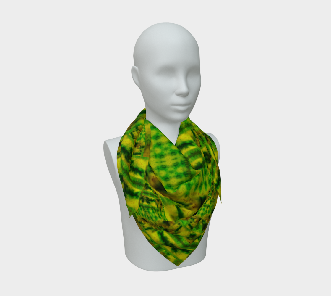 Yellow jade and green Purely Jade Light silk art scarf draped on a mannequin, showing a rounded banded mineral field by RJSTH.