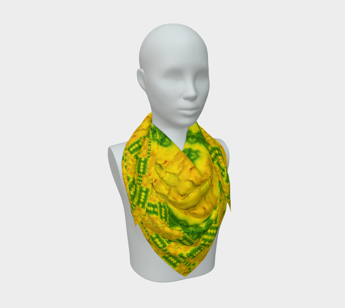 Bright yellow jade and green Purely Jade Light silk art scarf draped on a mannequin, showing a diagonal banded field by RJSTH.