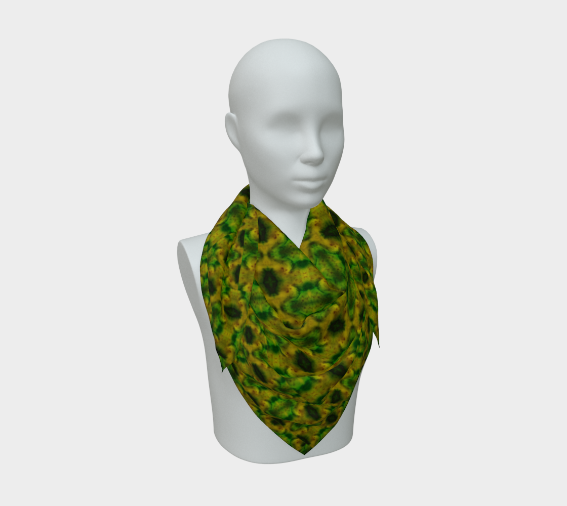 Yellow-gold and deep green Purely Jade Light silk art scarf draped on a mannequin, showing a rounded mineral-repeat field by RJSTH.