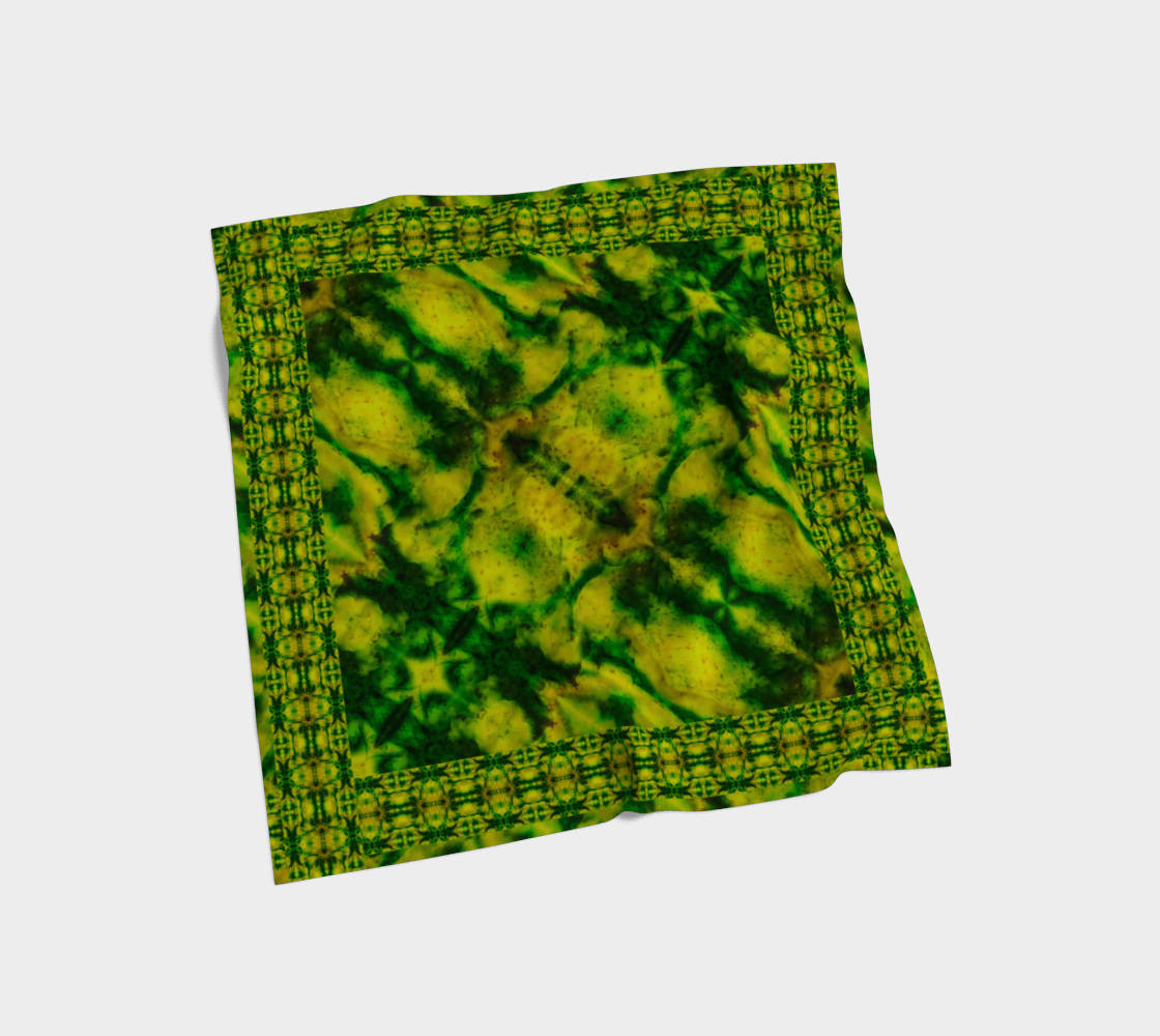 Bright yellow-green and green Purely Jade Light silk art scarf laid flat, showing a framed dense lattice field by RJSTH.