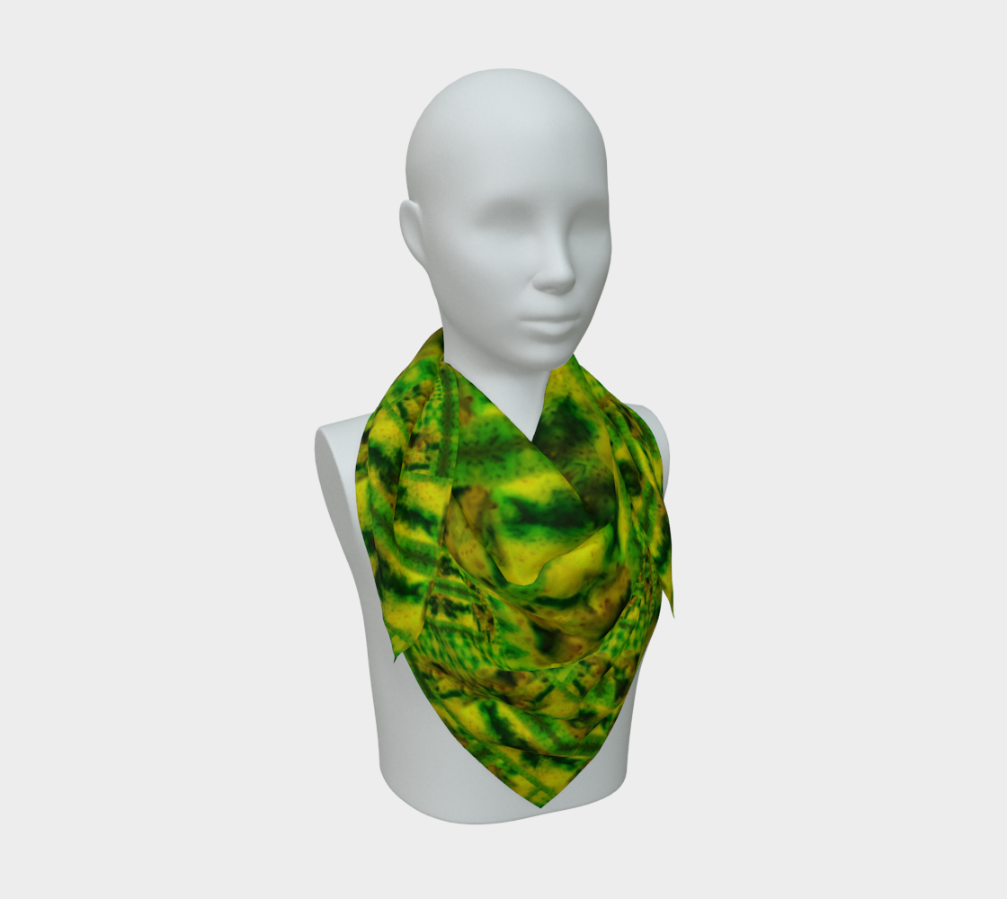 Yellow-green and deep green Purely Jade Light silk art scarf draped on a mannequin, showing a soft mottled mineral field by RJSTH.