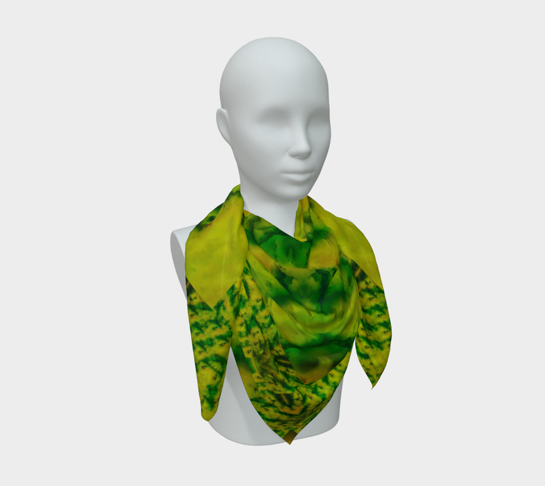 Yellow jade and green Purely Jade Light silk art scarf draped on a mannequin, showing a lighter central mineral field by RJSTH.
