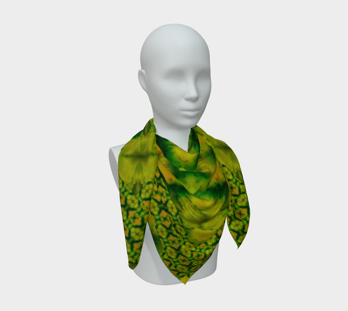 Yellow-green and deep green Purely Jade Light silk art scarf draped on a mannequin, showing a layered mineral-panel field by RJSTH.